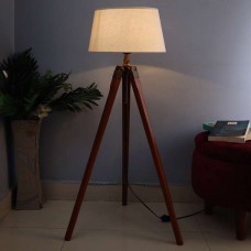 Teak Wooden Corner Extendable Floor Lamp With Beige Jute Fibre Lamp Shade